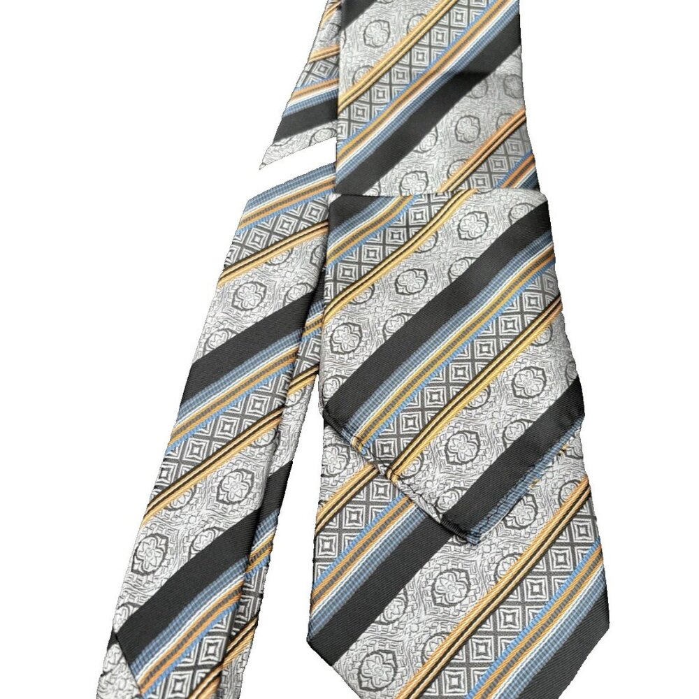 Berlioni Tie & Pocket Square Men's Striped Gray Black Orange Blue Made in Italy
